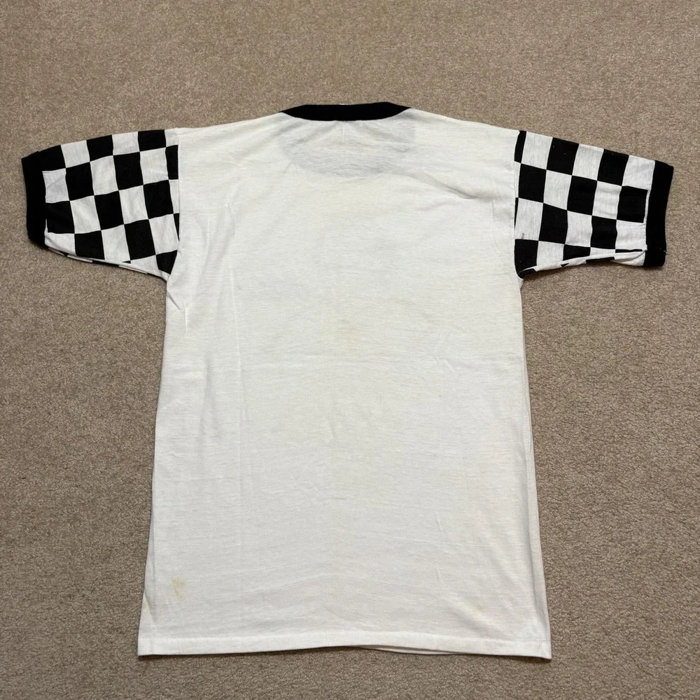 Vtg 70s NASCAR Shirt Ray Elder‎ XL 18-20 Fits Small White Sears Checkered Sleeve